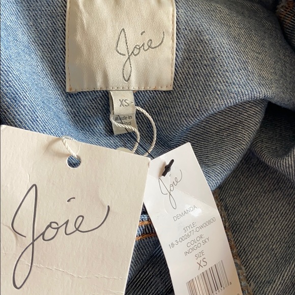 JOIE DEMANDA DISTRESSED JEAN DENIM JACKET W SHARP SHOULDERS AND RED DETAIL SZ XS - Picture 8 of 10